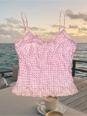 Vintage Y2K 90s Cottage Coquette Ballet
Pink Brown Polka Dot Lace Cami Top